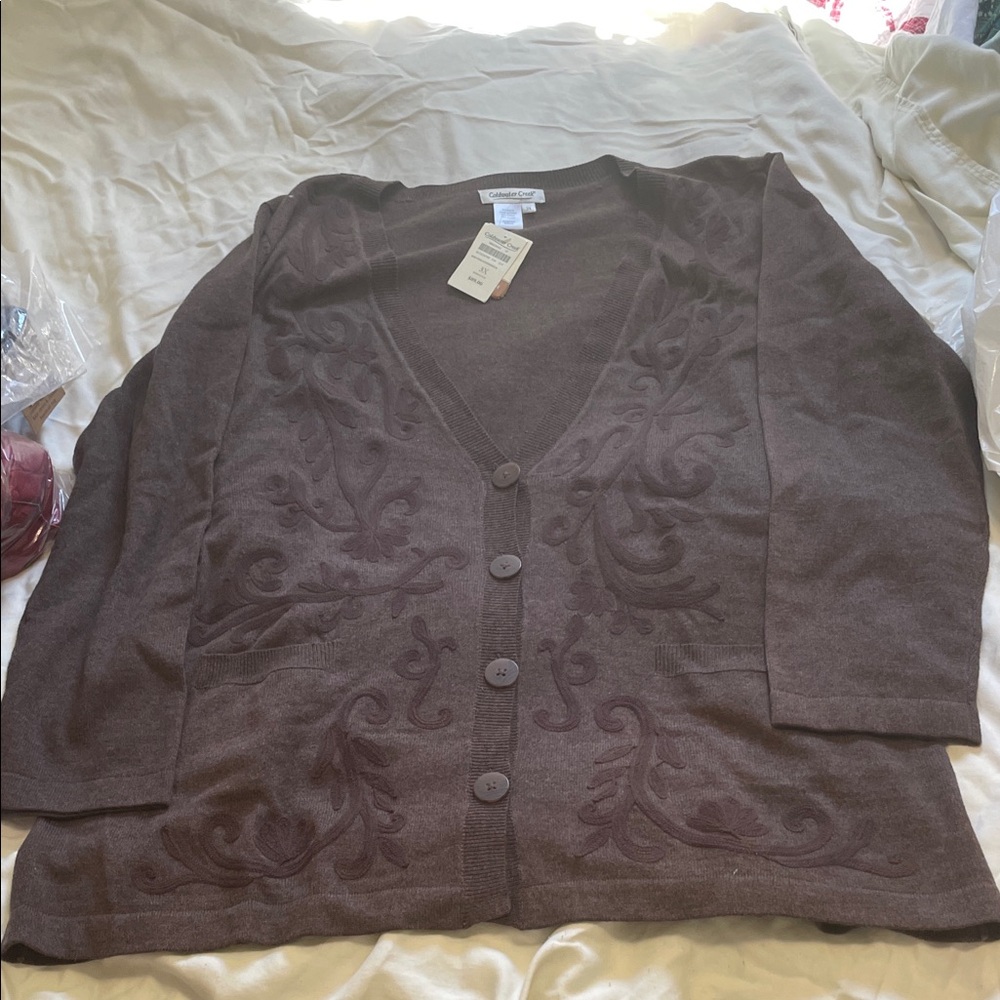 Coldwater Creek Brown Embroidered Cardigan NWT